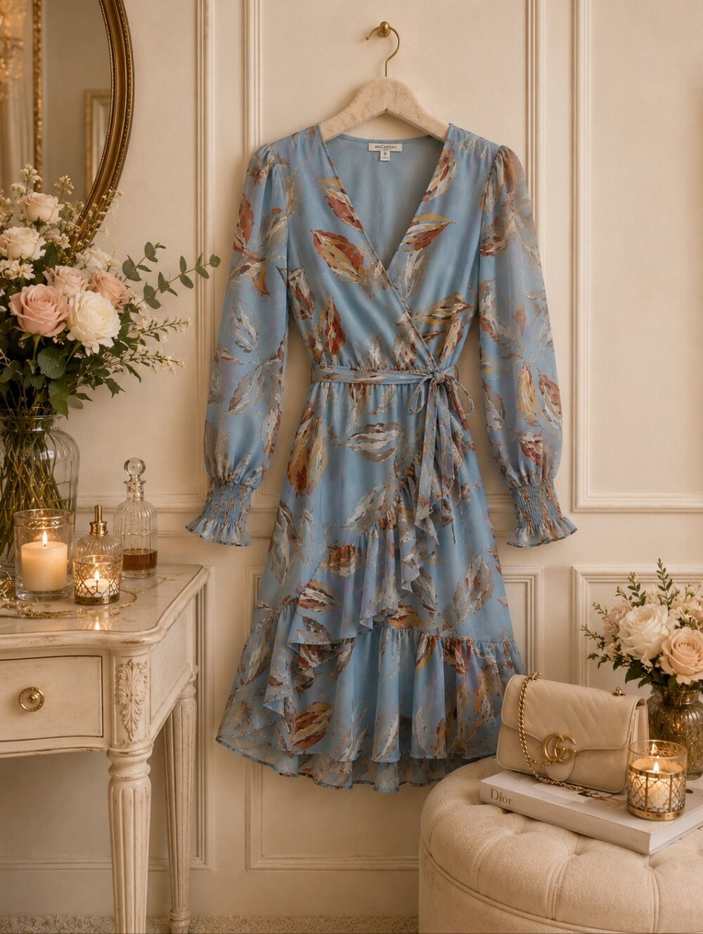 NEW Blue Chiffon Wrap Dress | Long Sleeve Ruffle Hem | Romantic Boho | Small - Picture 4 of 10